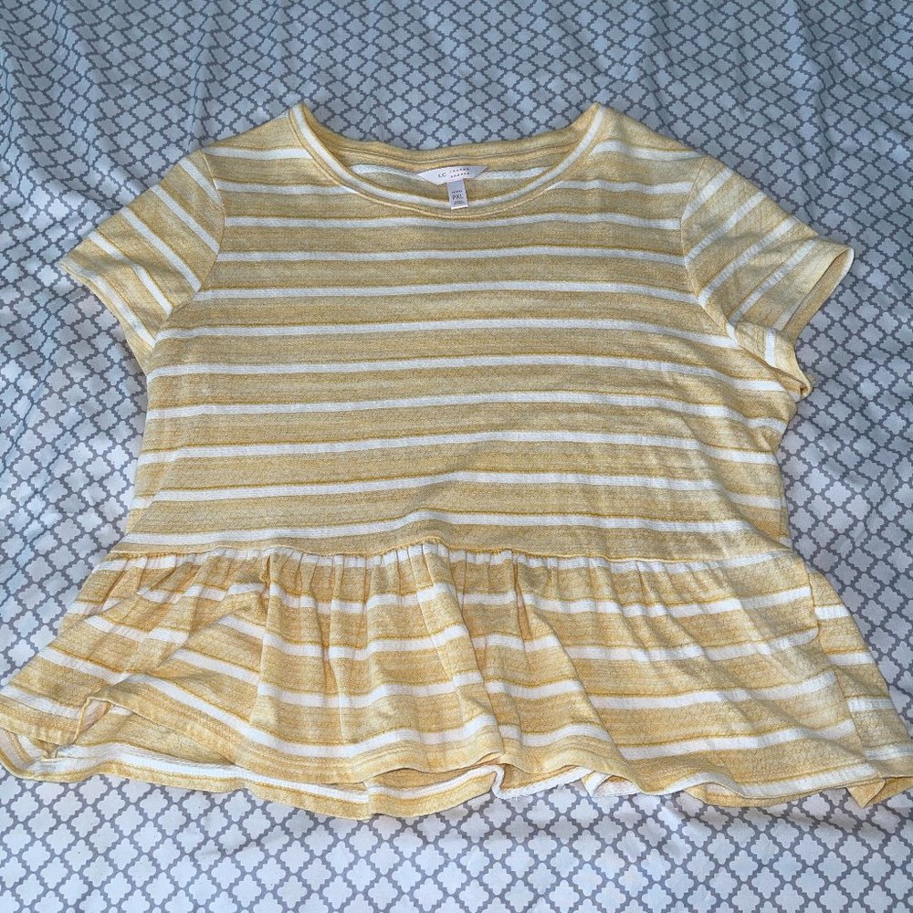 Lauren Conrad Yellow and White Striped Short Sleeve Peplum Blouse